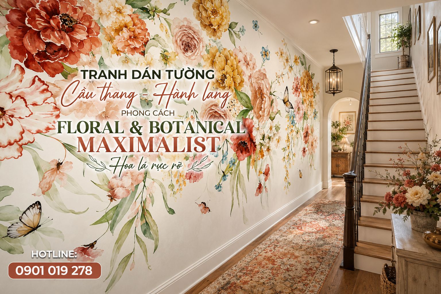 tranh dán tường 3d hành lang cầu thang hoa lá rực rỡ