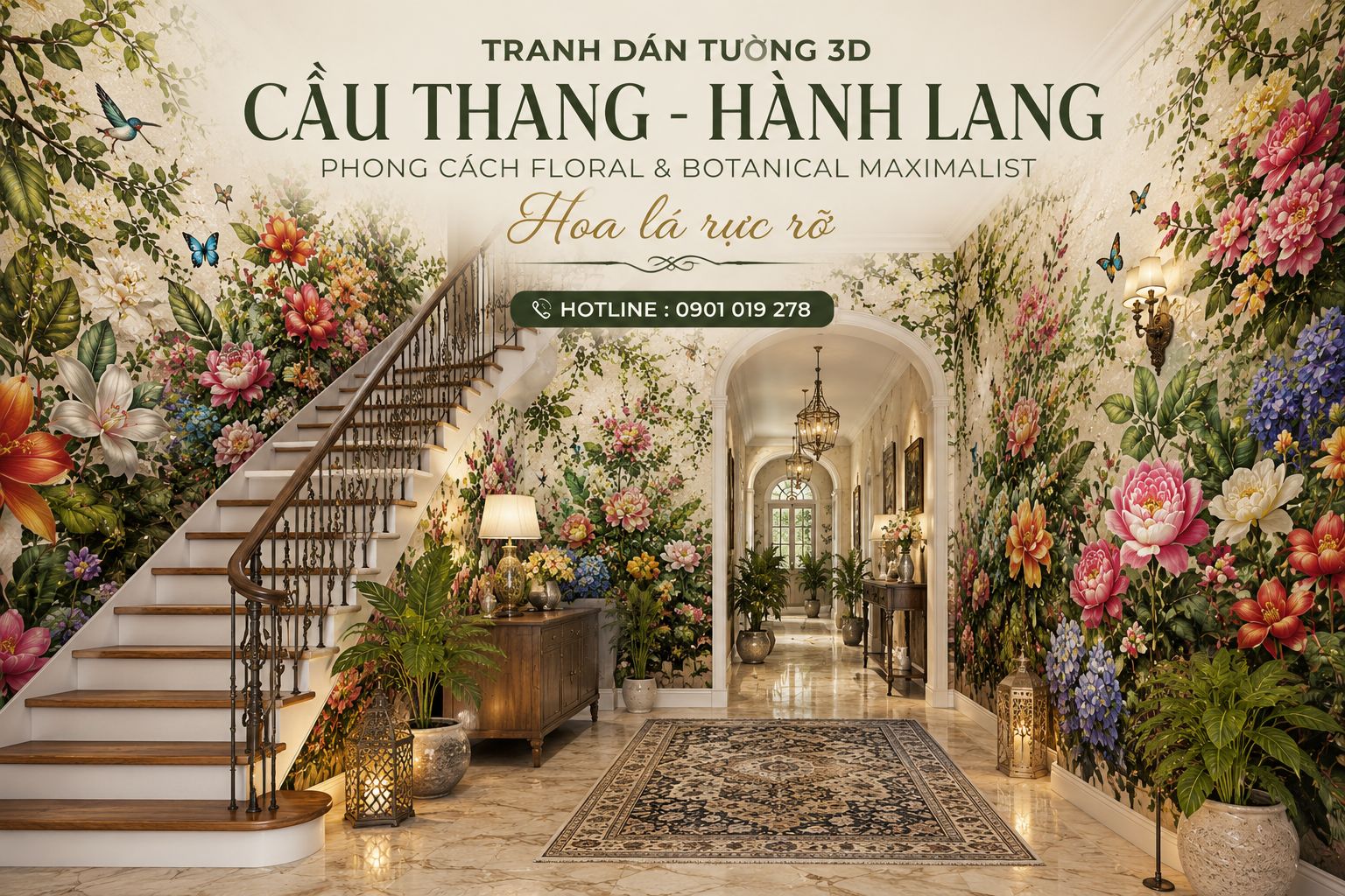 tranh dán tường 3D cầu thang - hành lang phong cách Floral & Botanical Maximalist (Hoa lá rực rỡ)