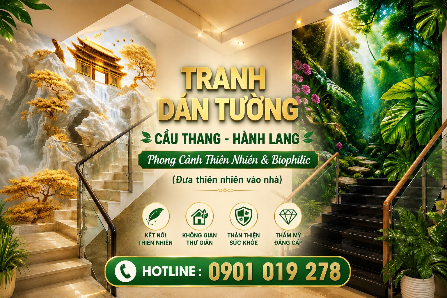 tranh dán tường hành lang cầu thang mang phong cách thiên nhiên