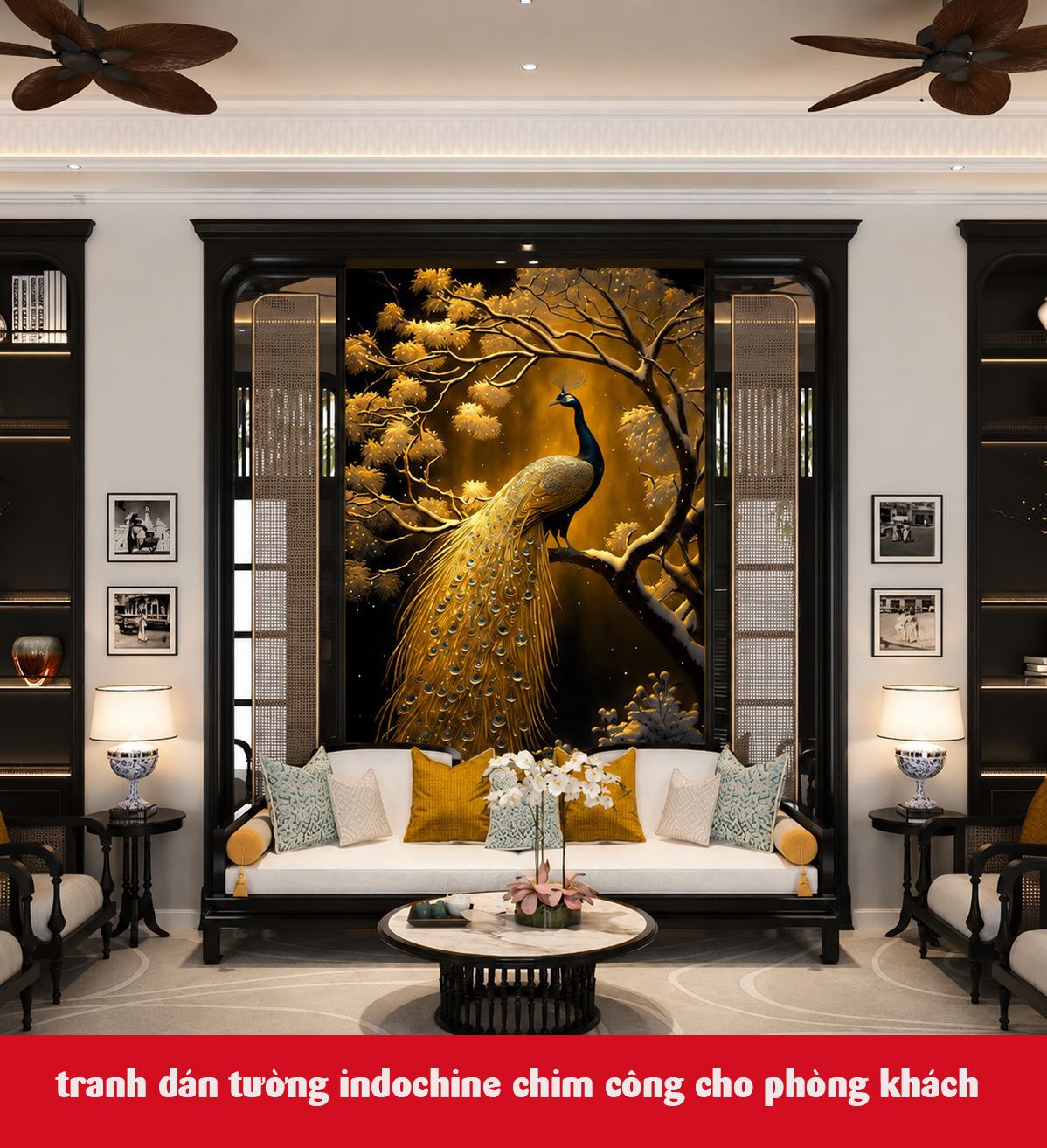 tranh dán tường indochine  hoa sen phòng khách 