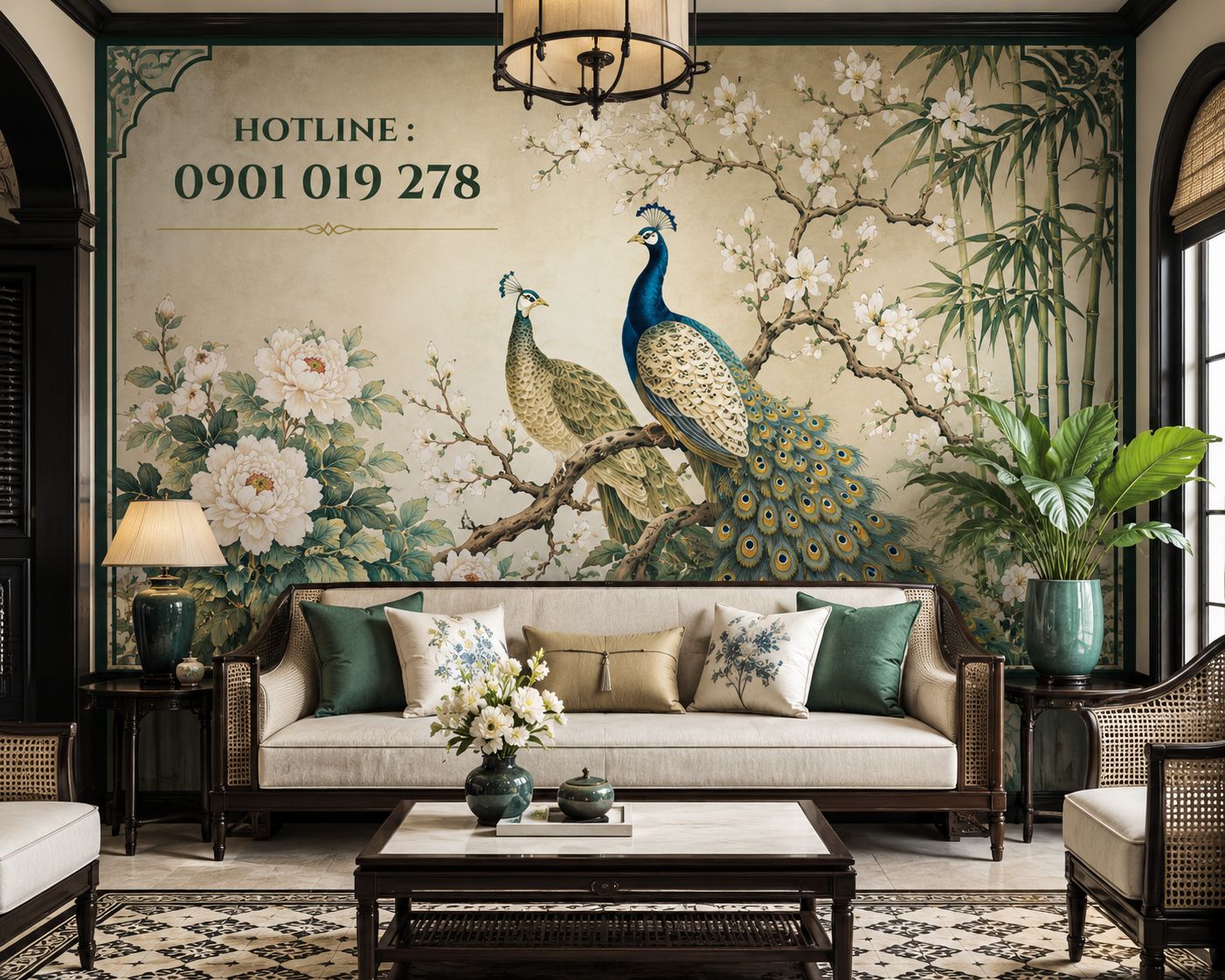 tranh dán tường chim công indochine phòng khách