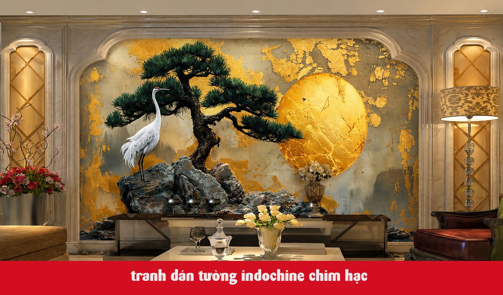tranh dán tường indochine chim hạc 