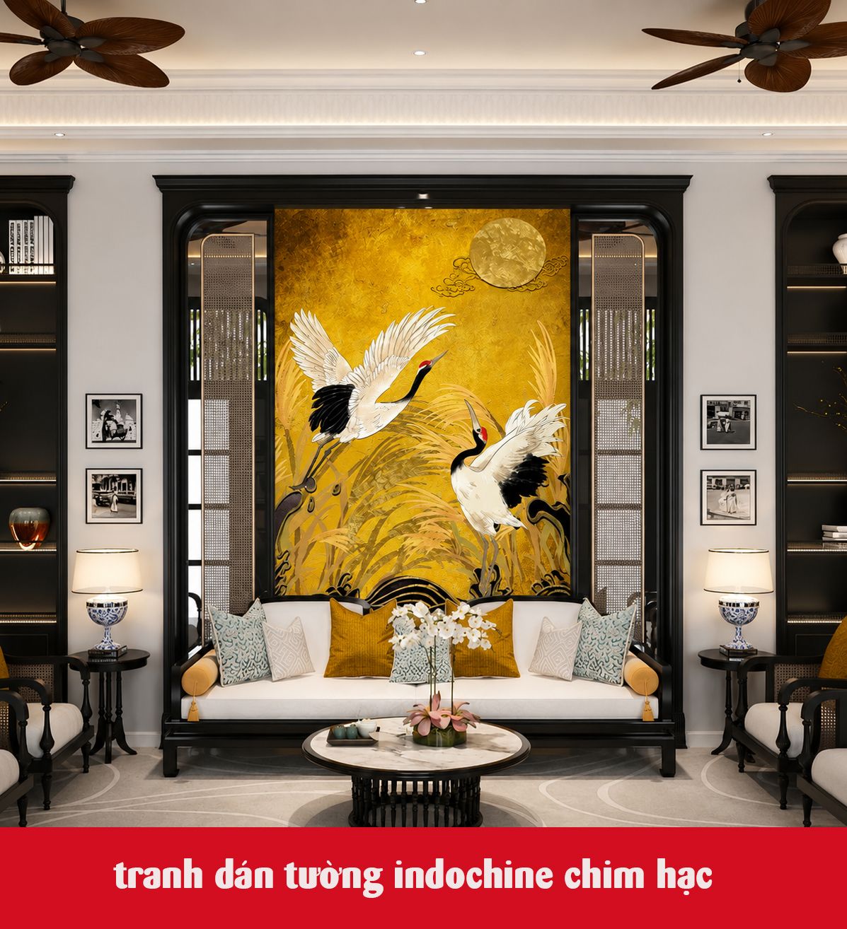 tranh dán tường indochine phòng khách chim hạc nền vàng