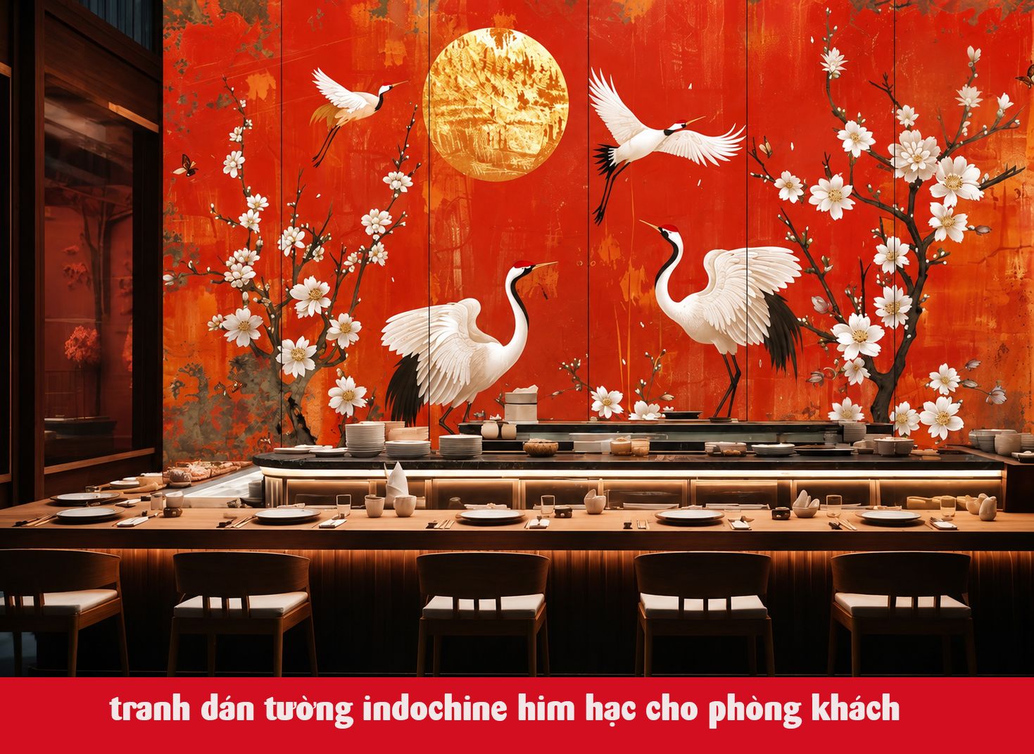 tranh dán tường chim hạc phòng khách