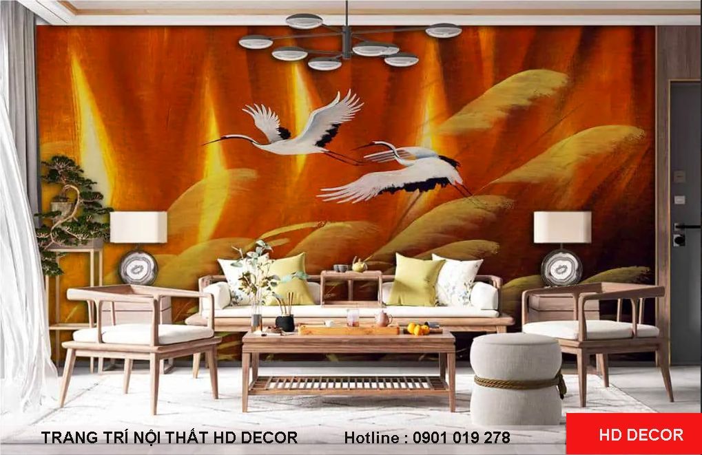 tranh dán tường indochine hoa sen phòng khách