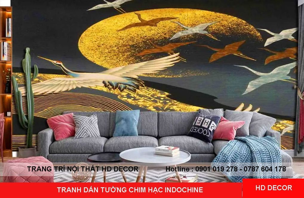 tranh dán tường indochine chim hạc