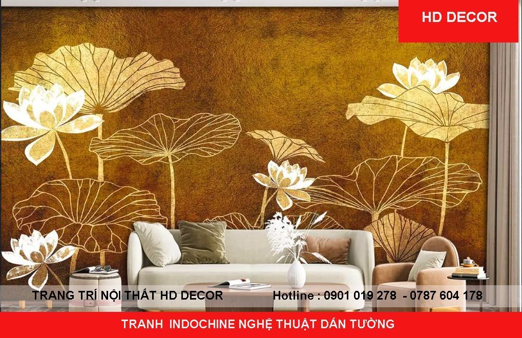 tranh dán tường indochine phòng khách hoa sen phong thủy