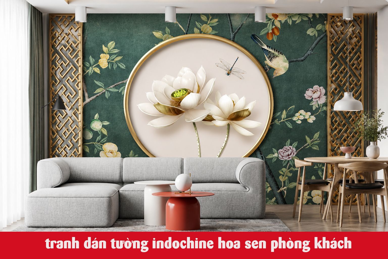 tranh dán tường hoa sen phòng khách 
