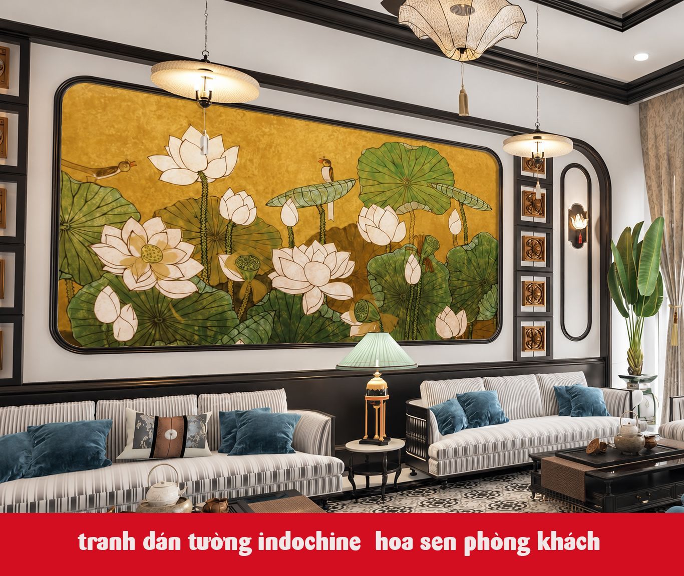 tranh dán tường indochine hoa sen phòng khách 