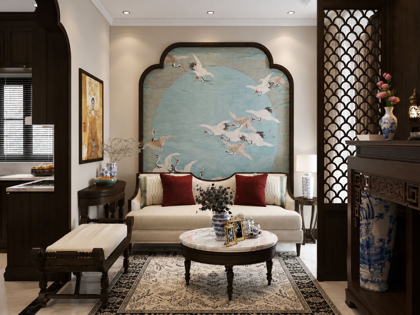tranh dán tường indochine phòng khách vòm cửa đông dương
