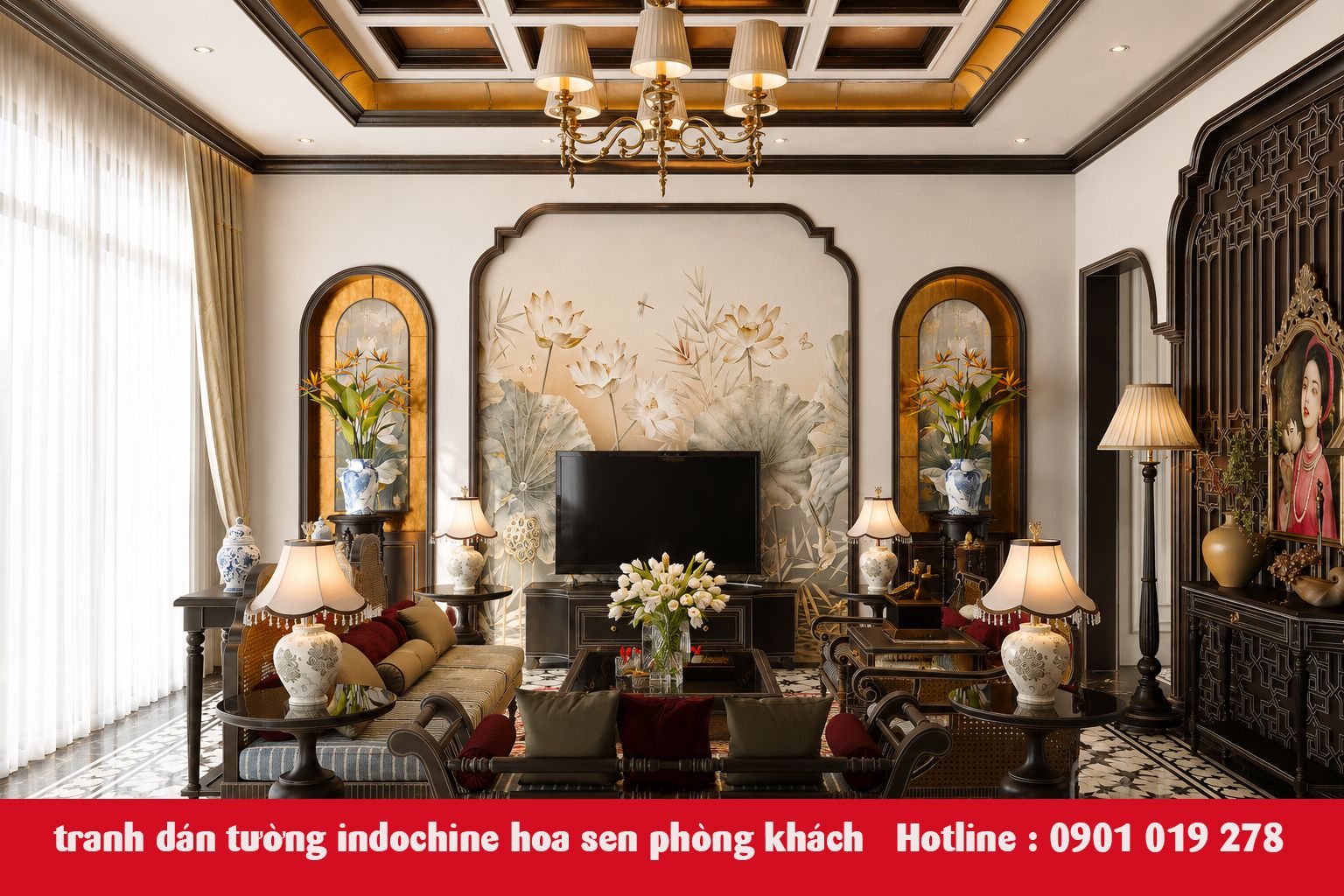 tranh dán tường indochine phòng khách 