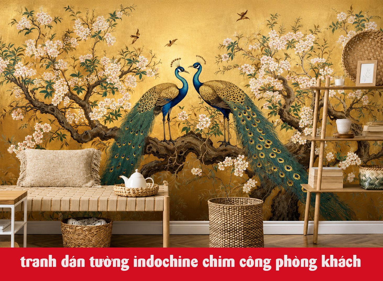 tranh dán tường chim công phong thủy cho phòng khách
