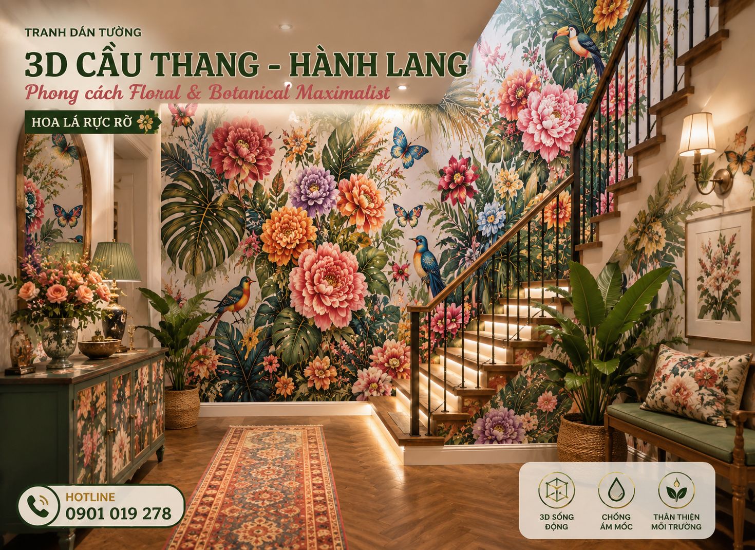 tranh dán tường hàng lang cầu thang hoa văn rực rỡ