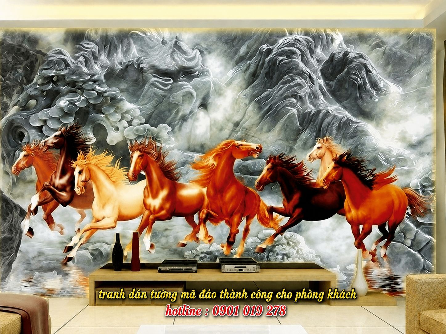 tranh dán tường mã đáo thành công cho phòng khách 