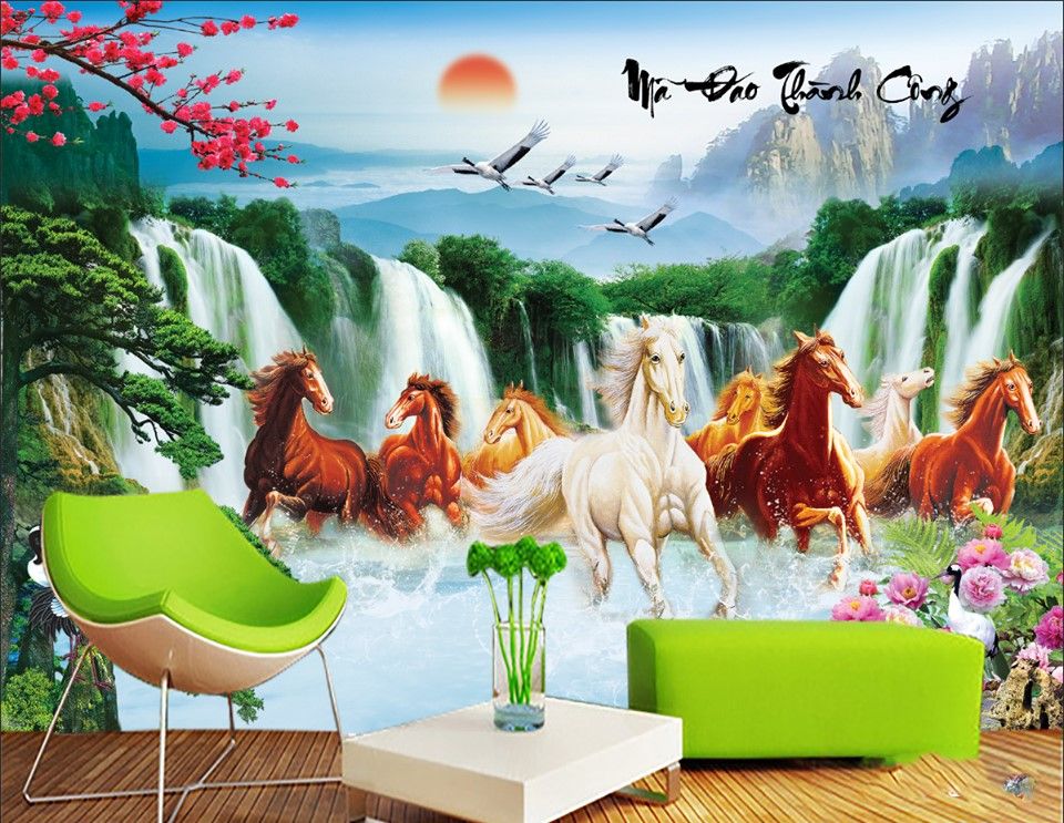 tranh dán tường mã đáo thành công đàn ngựa phi qua thác nước 