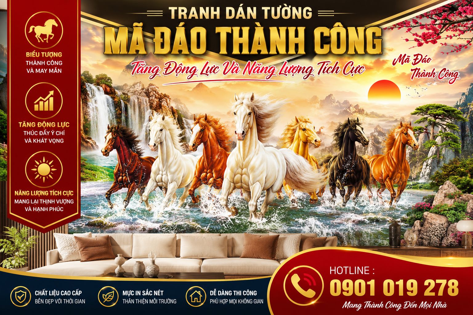tranh dán tường mã đáo thành công đẹp nhất hiện nay