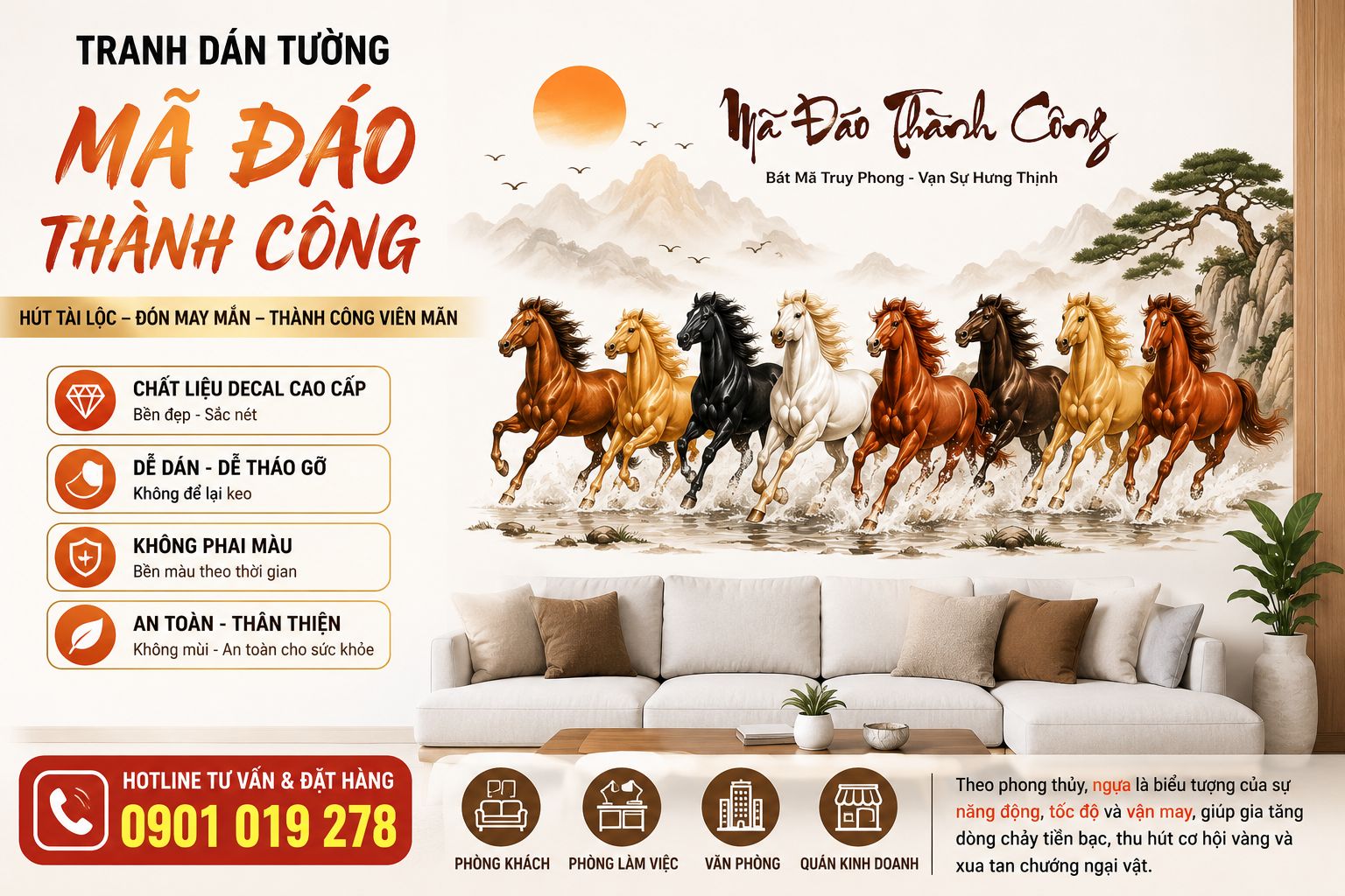 tranh dán tường mã đáo thành công hợp phong thủy