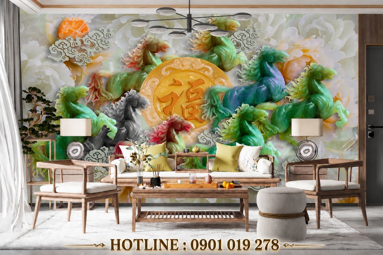 tranh dán tường mã đáo thành công cho phòng khách 