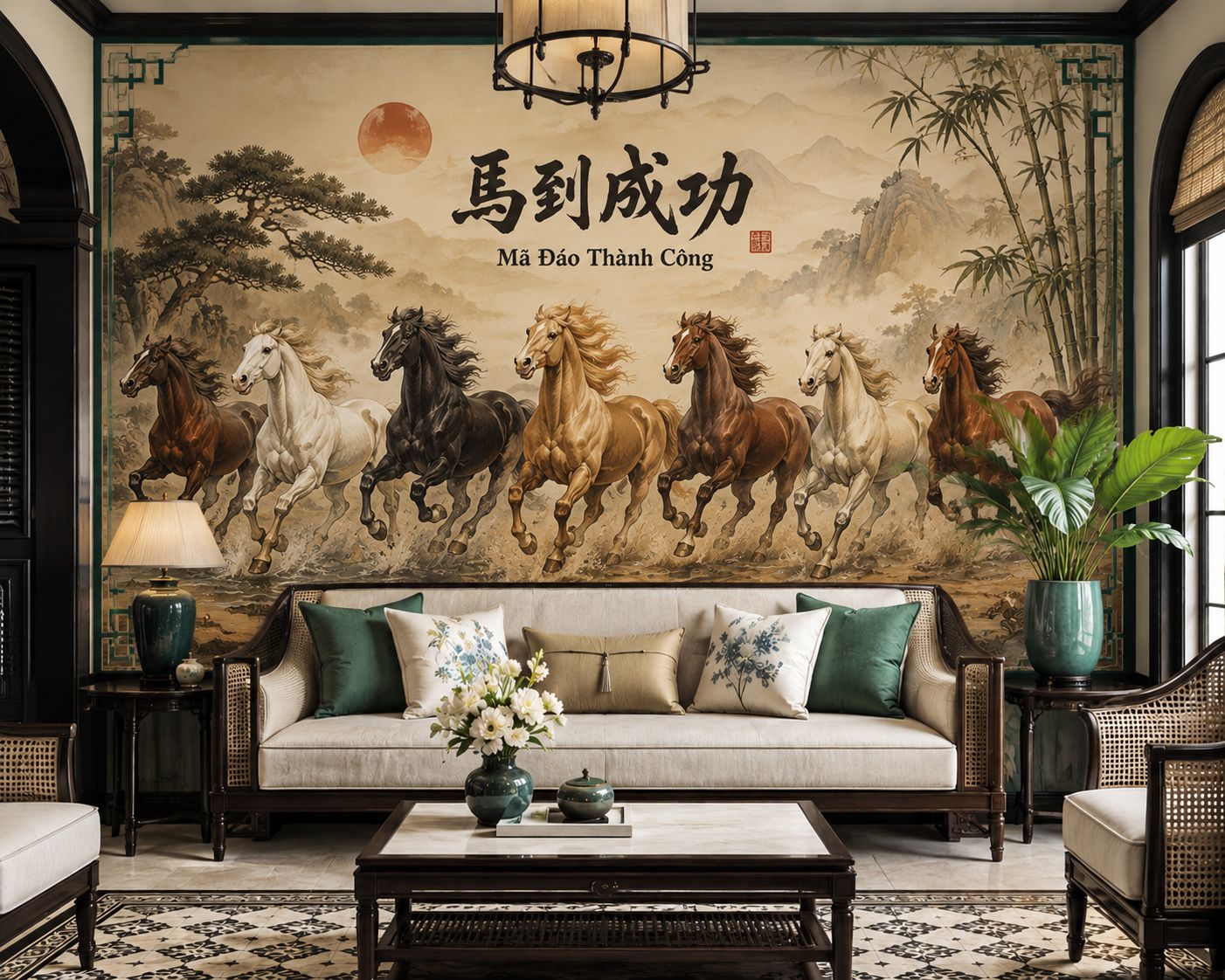 tranh dán tường mã đáo thành công phòng khách 