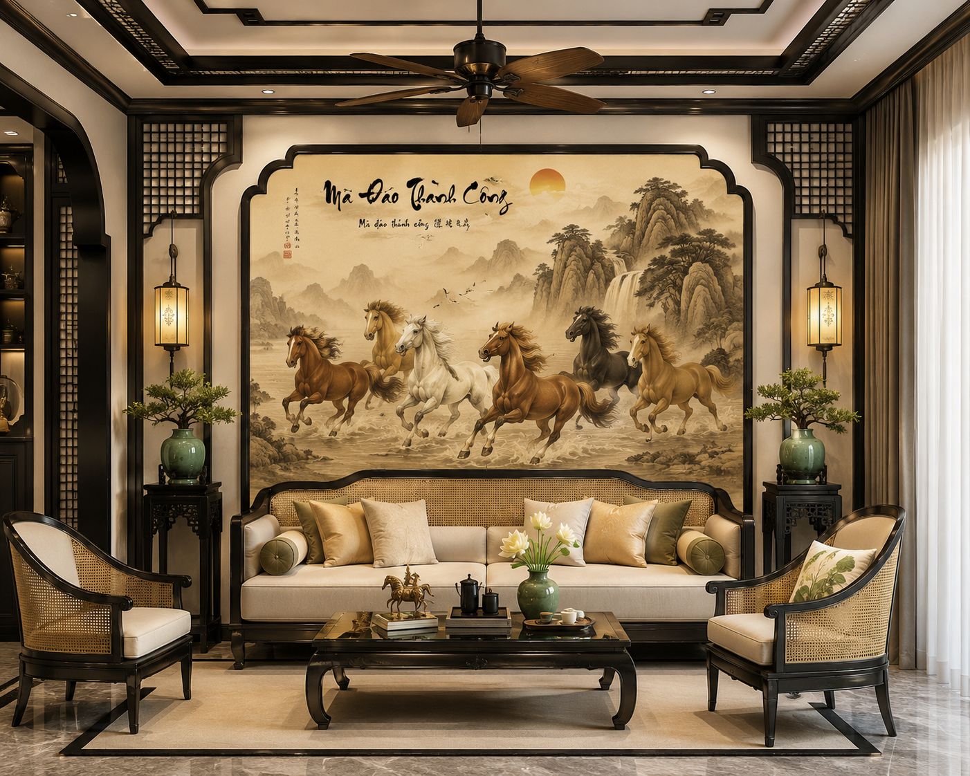 tranh dán tường mã đáo thành công phòng khách 