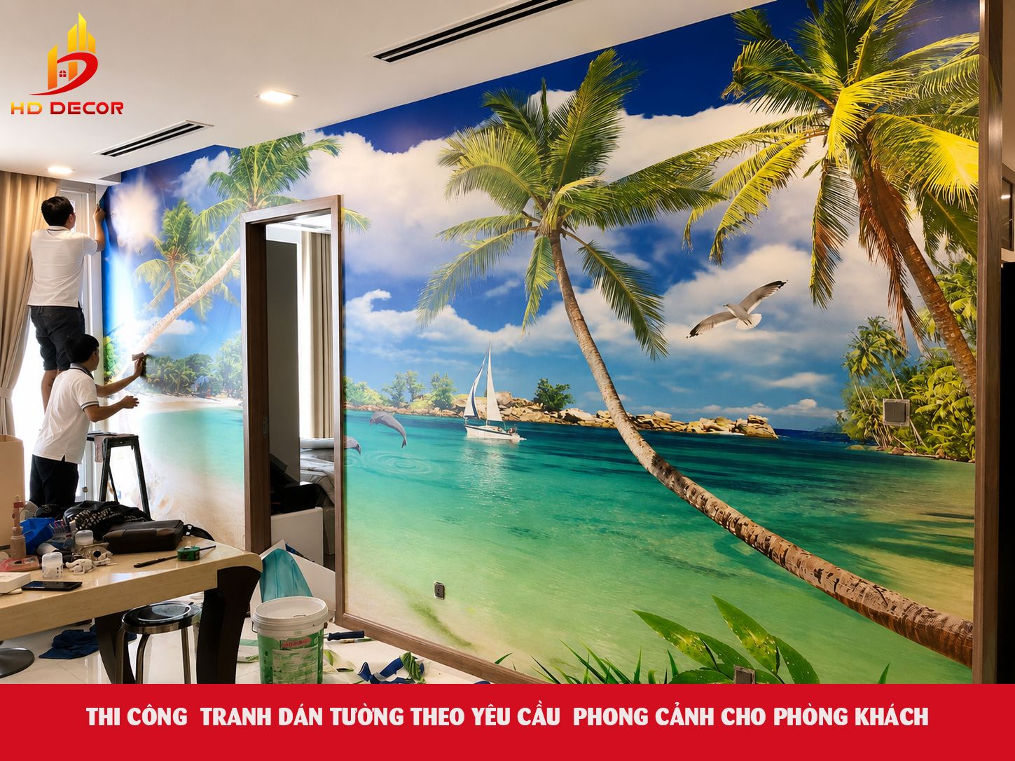 thi công tranh dán tường theo yêu cầu cho phòng khách 