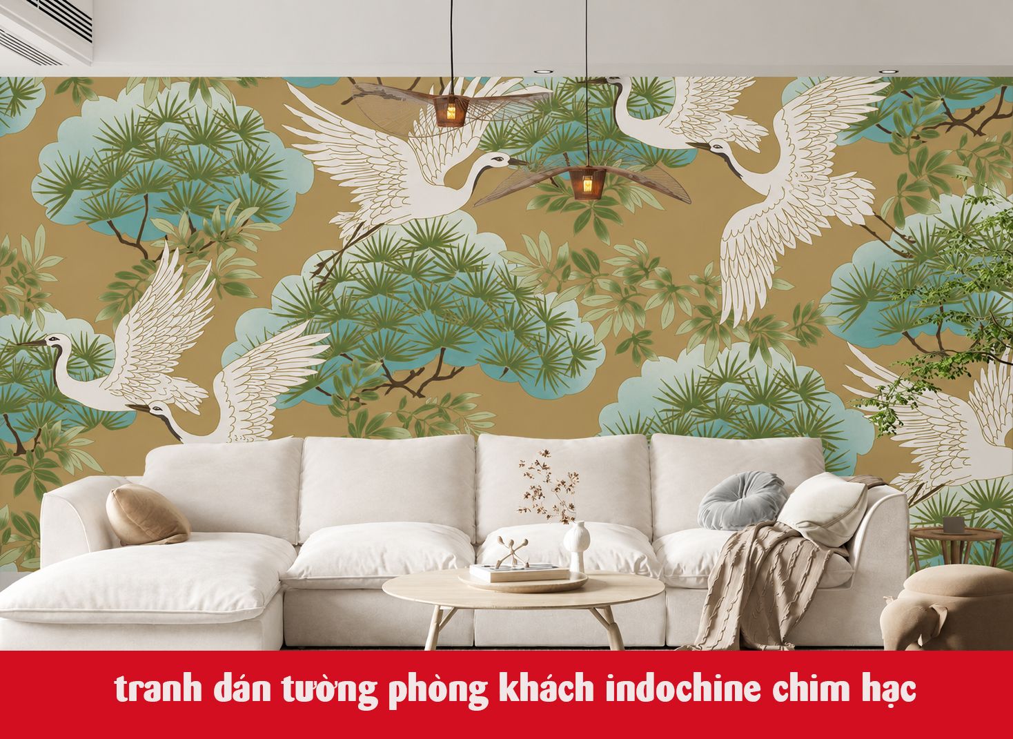 tranh dán tường phòng khách indochine chim hạc