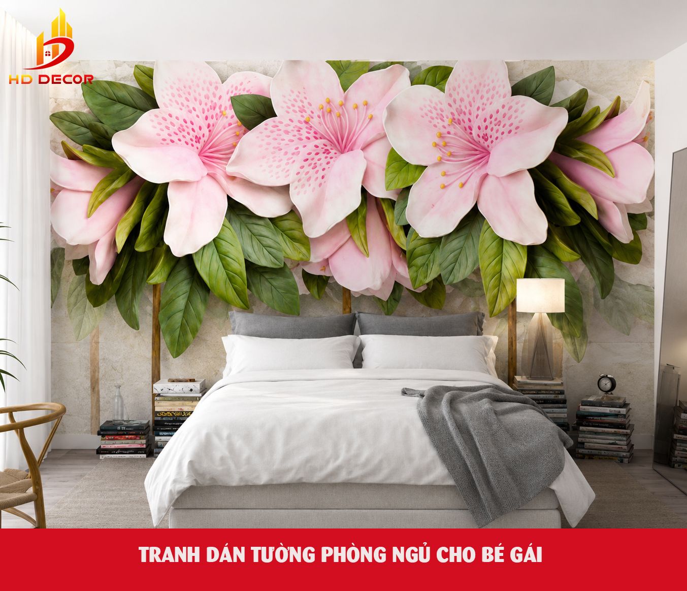 tranh dán tường theo yêu cầu phòng ngủ bé gái 
