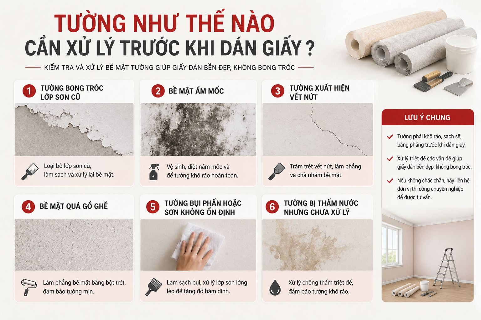 tường cần được xử lý như thế nào trước khi dán giấy 