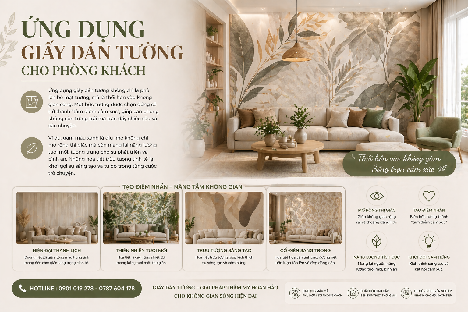 ứng dụng của giấy dán tường cho phòng khách 