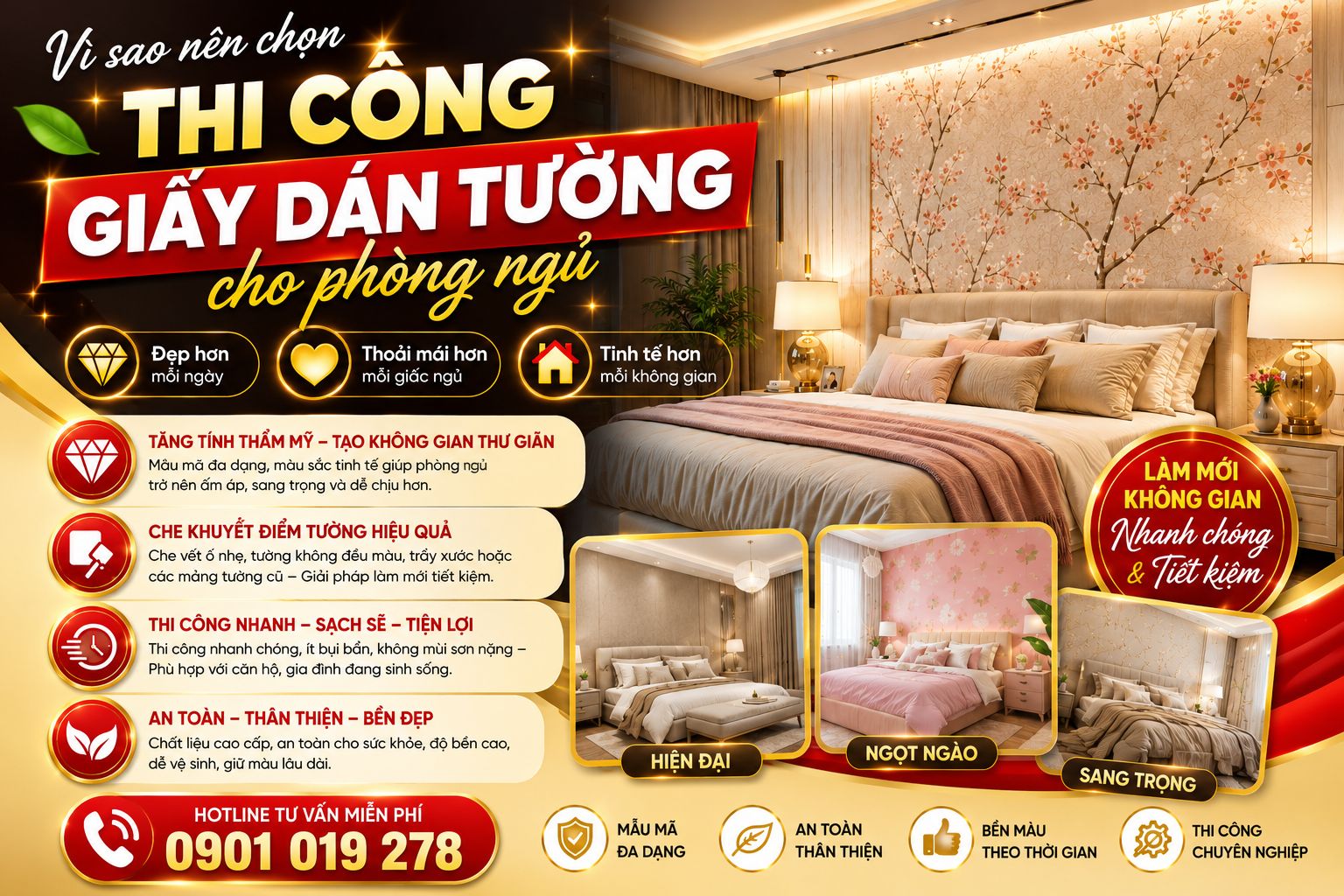 vì sao nên chọn thi công giấy dán tường phòng ngủ 