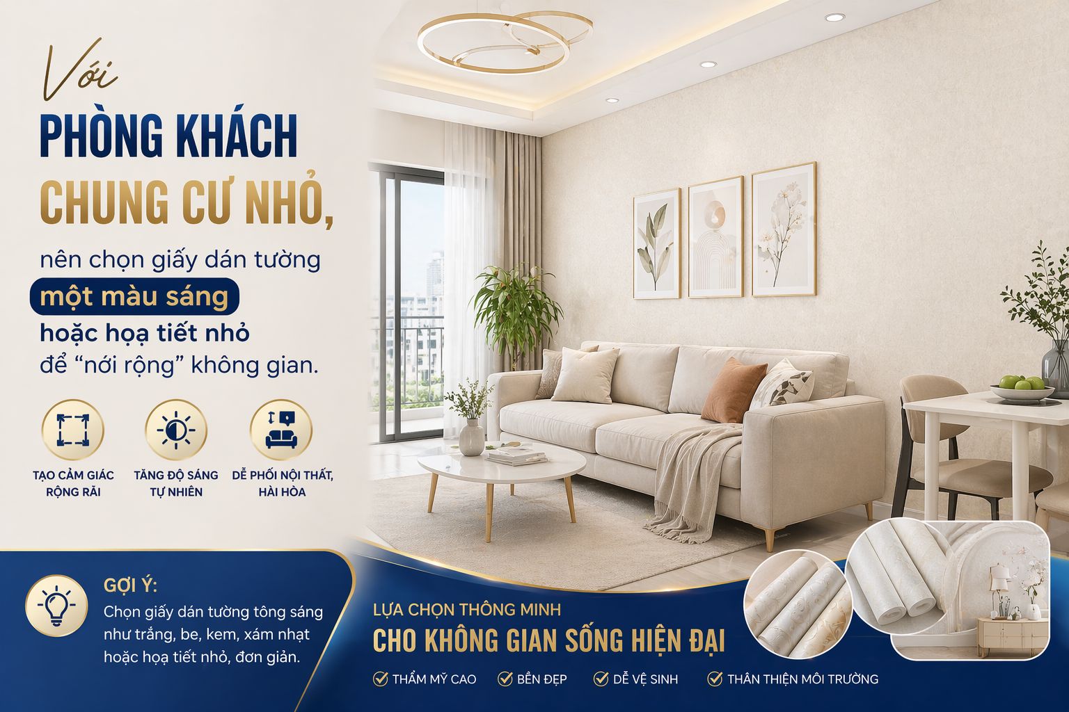 với khòng khách chung cư nhỏ nên chọn giấy dán tường màu sáng 