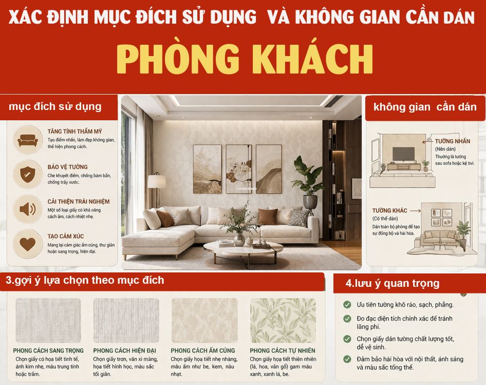 xác định mục đích cần dán và sử dụng của giấy dán tường phòng khách