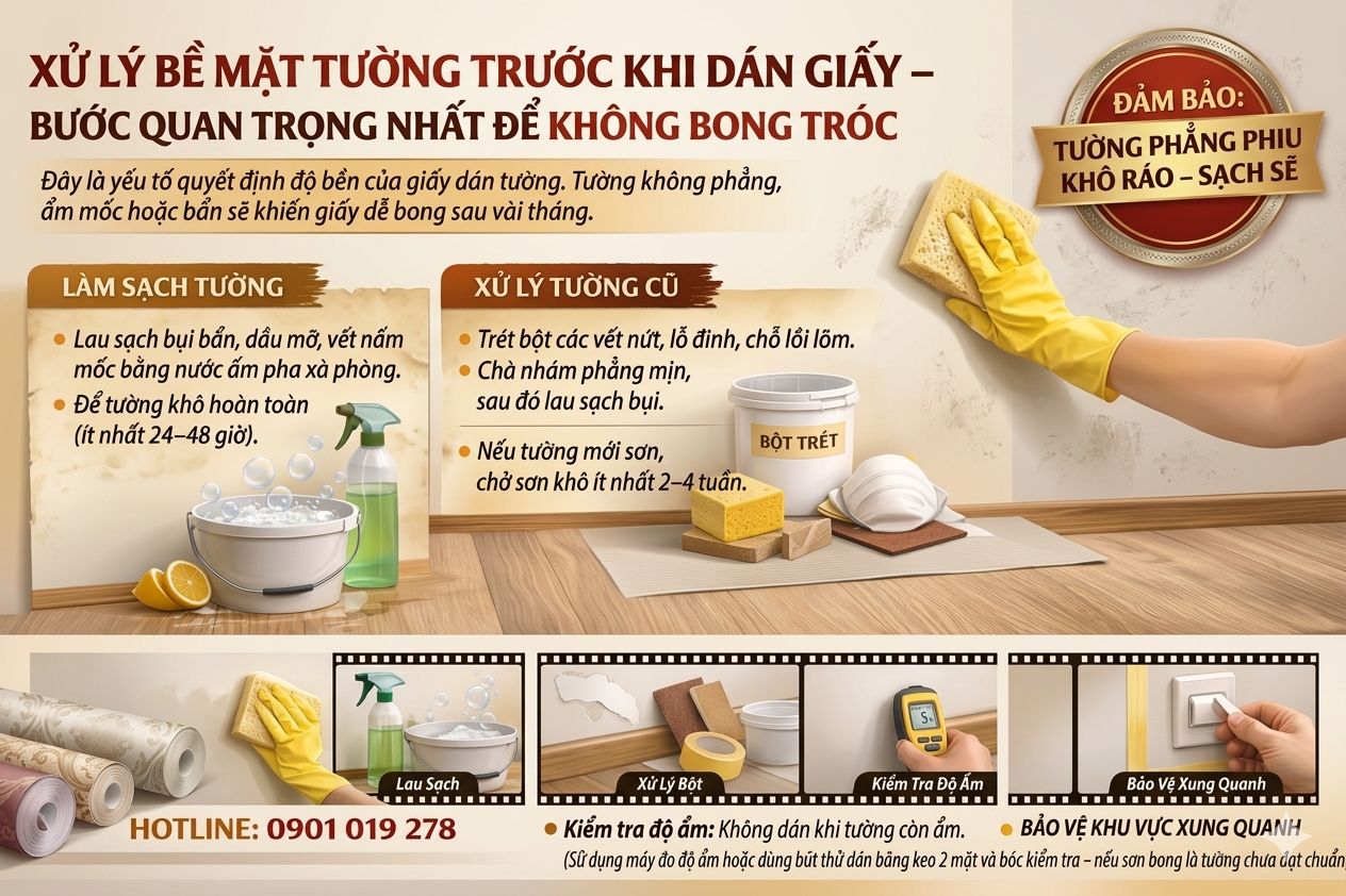 xử lý bề mặt tường trước khi dán giấy dán tường