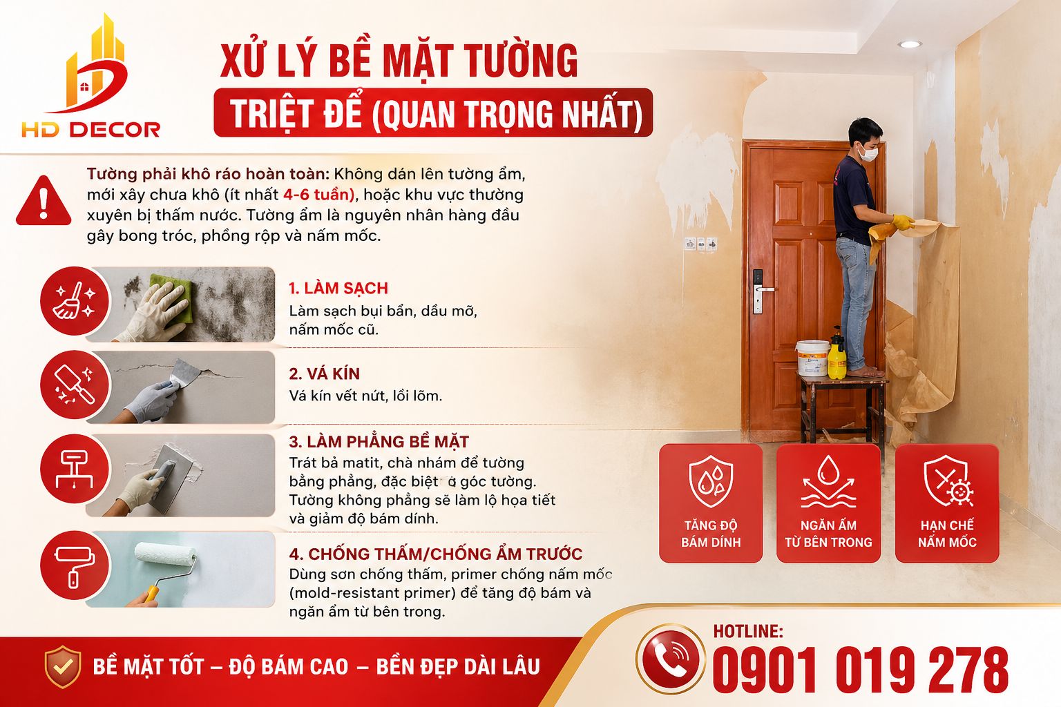 xử lý bề mặt tường trước khi thi công giấy dán tường 