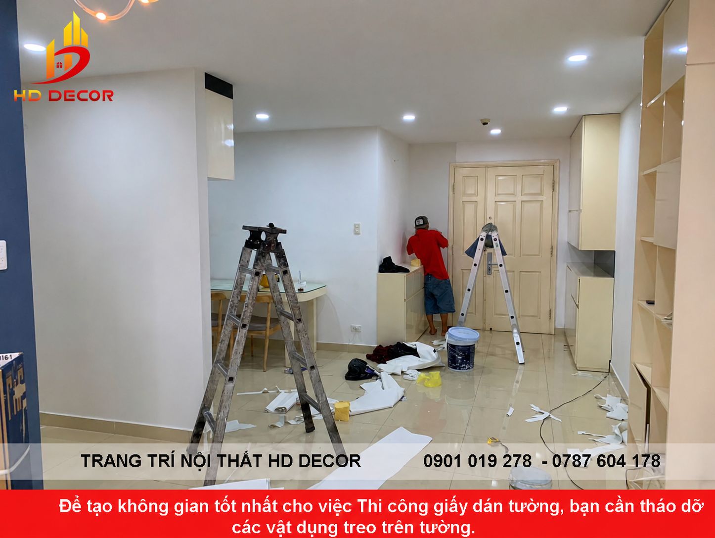 xử lý bề mặt tường trước khi thi công giấy dán tường 