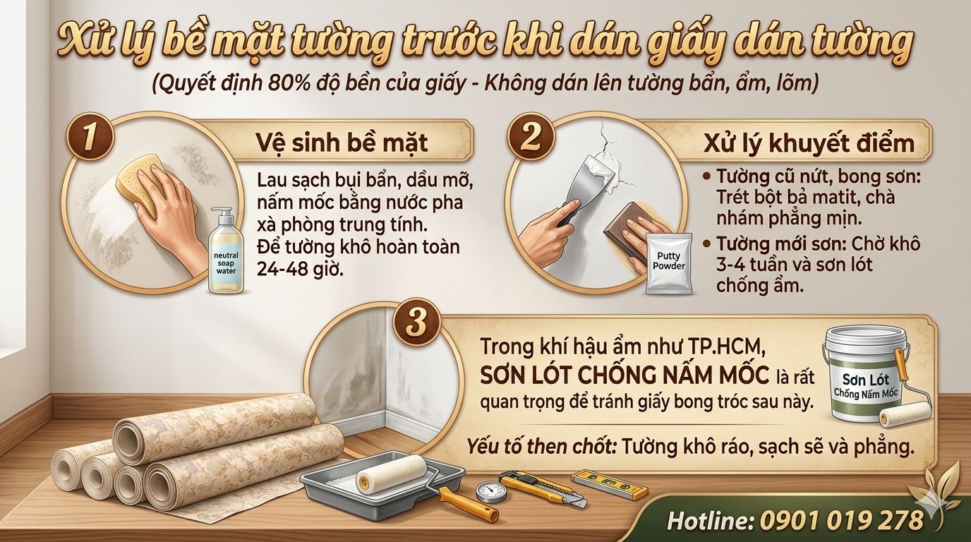 xử lý bề mặt tường trước khi thi công giấy dán tường 