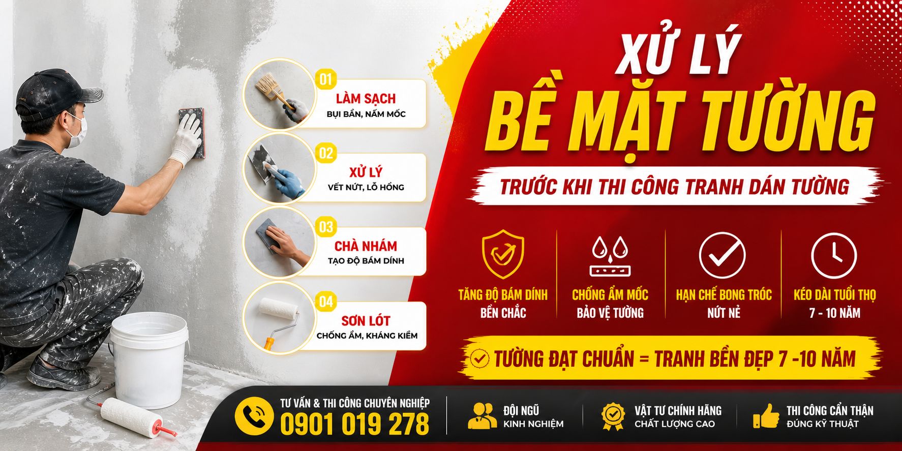 xử lý bề mặt tường trước khi thi công tranh dán tường