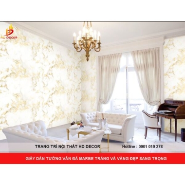 GIẤY DÁN TƯỜNG VÂN ĐÁ MARBE TRẮNG VÀ VÀNG ĐẸP SANG TRỌNG  