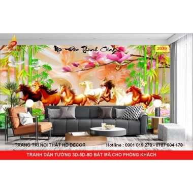TRANH DÁN TƯỜNG 3D-5D-8D BÁT MÃ  CHO PHÒNG KHÁCH 