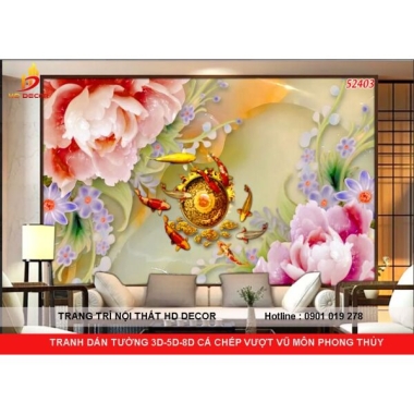 TRANH DÁN TƯỜNG 3D-5D-8D  CÁ CHÉP VƯỢT VŨ MÔN PHONG THỦY 