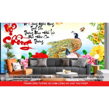 TRANH DÁN TƯỜNG 3D-5D-8D CHIM CÔNG VÀ CHỮ THƯ PHÁP 