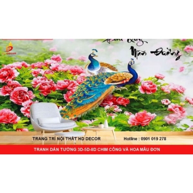 TRANH DÁN TƯỜNG 3D-5D-8D CHIM HẠC VÀ HOA MẪU ĐƠN 