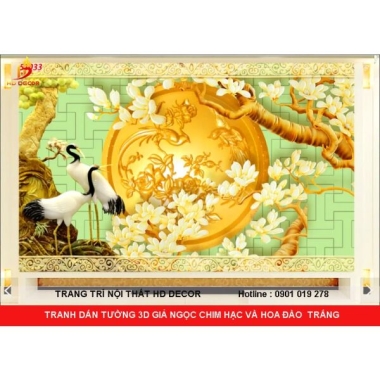 TRANH DÁN TƯỜNG 3D-5D-8D GIẢ NGỌC CHIM HẠC VÀ HOA ĐÀO TRẮNG 