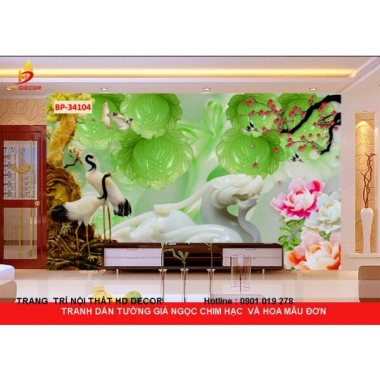 TRANH DÁN TƯỜNG 3D-5D-8D GIẢ NGỌC - TRANH DÁN TƯỜNG CHIM HẠC VÀ HOA MẪU ĐƠN 