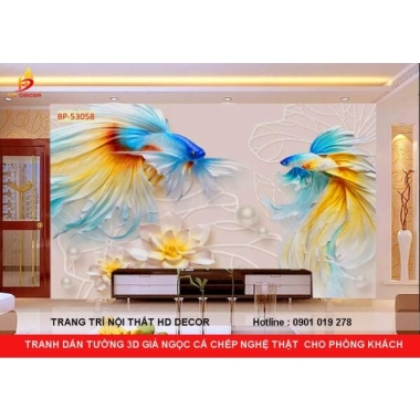 TRANH DÁN TƯỜNG 3D CÁ CHÉP GIẢ NGỌC  NGHỆ THUẬT CHO PHÒNG KHÁCH 