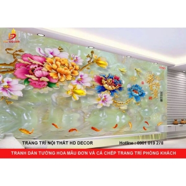 TRANH DÁN TƯỜNG 3D CÁ CHÉP - TRANH DÁN TƯỜNG CÁ CHÉP VÀ HOA MẪU ĐƠN