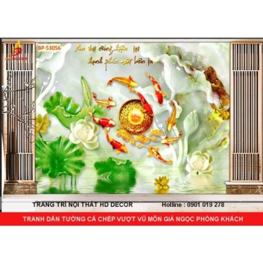 TRANH DÁN TƯỜNG 3D CÁ CHÉP VƯỢT VŨ MÔN GIẢ NGỌC CHO PHÒNG KHÁCH 