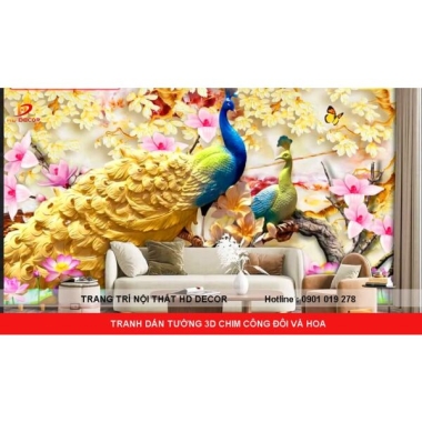 TRANH DÁN TƯỜNG 3D  CHIM CÔNG ĐÔI VÀ HOA 