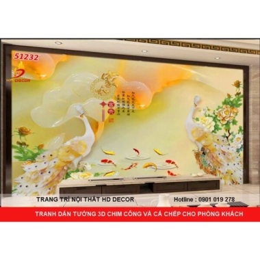 TRANH DÁN TƯỜNG 3D CHIM CÔNG VÀ CÁ CHÉP GIẢ NGỌC CHO PHÒNG KHÁCH 