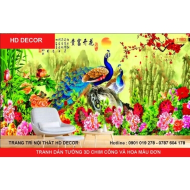 TRANH DÁN TƯỜNG 3D CHIM CÔNG VÀ HOA MẪU ĐƠN 